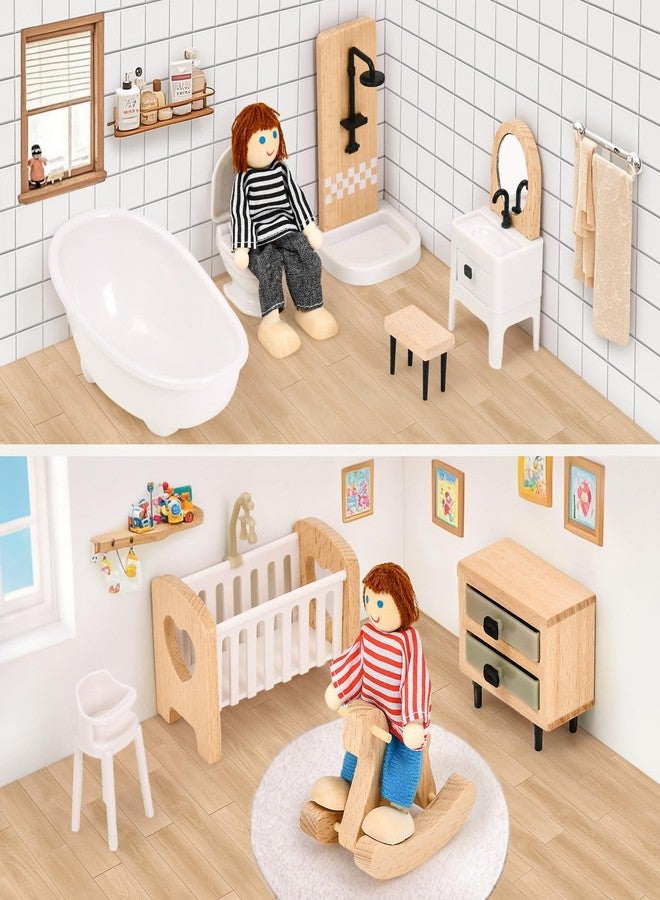 Toyssa Dollhouse Furniture Set, 36PCS Beech Wood and Plastic Miniature Doll House Accessories with Modern 5 Rooms & 4 Flexible Family Dolls, Pretend Play Toys Birthday Gift for Toddlers 3 4 5 6 - Image 4